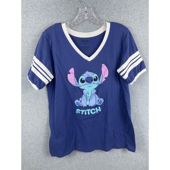 Disney Lilo & Stitch Shirt Women's L Blue Short Sleeve V Neck Ringer‎ Tee - Picture 1 of 8